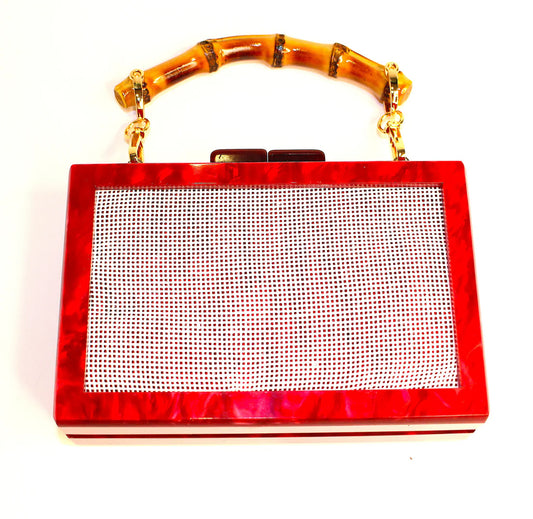 Self Finshing Acrylic Clutch (Cherry Red) With Bamboo Handle